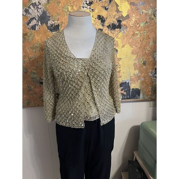 Carmen Marc Valvo Collection Women XL Dressy Twin Set Top Gold Sequins Textured - Picture 3 of 13